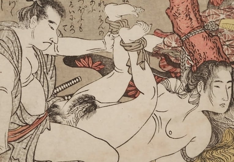 tied female in forest Shuncho shunga detail