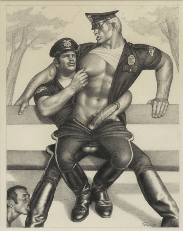 Tom of Finland leather men on park bench Tom of Finland leather men on park bench