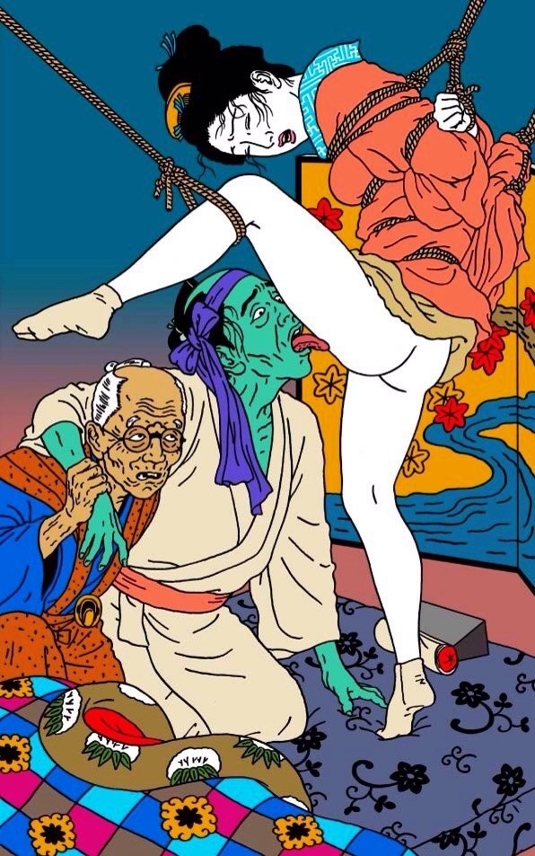 toshio saeki: tied geisha getting her pussy licked by a dying elderly male