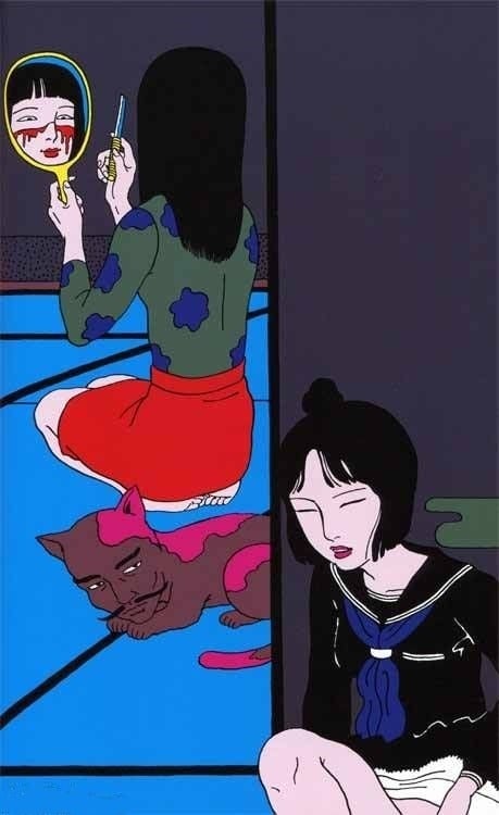 Toshio Saeki: young girl looking in the mirror while cutting her face with a knife including a bloody cat with a human face sporting a moustache