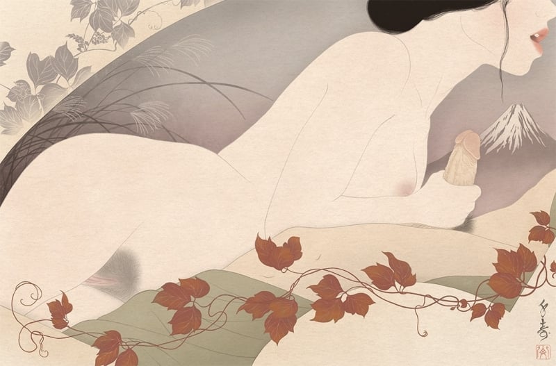Tsutakazura (Ivy and vines), 36 Personal Views of Mount Fuji, 2023. Shunga print series by Senju Shunga