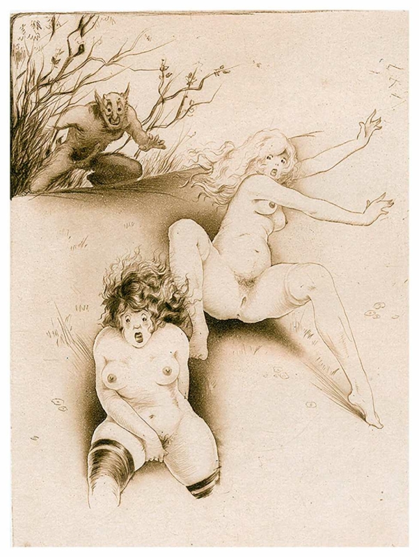 two frightened nude girls running for the devil erotic illustration