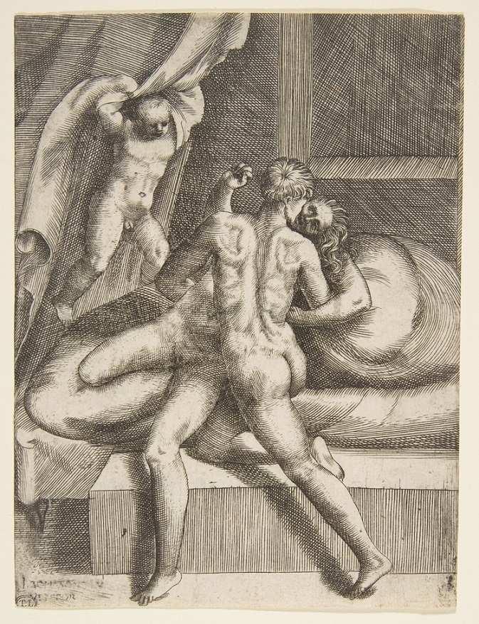 Two Lovers on a Bed with Cupid