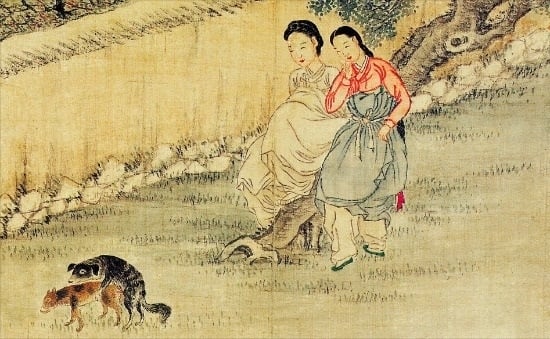 Two women watching mating dogs, artist unknown