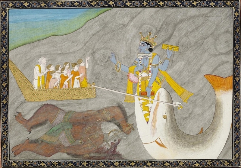 Vishnu-Matsya appearing from mouth of a horned fish saves the boat with Manu