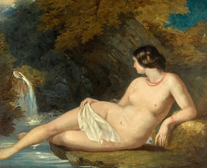 william etty Reclining female nude by a waterfall