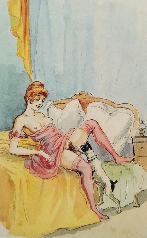 Woman and a dog on a bed  (c.1920) by anonymous artist