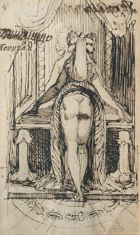 Woman with her Dress Pulled up over her Buttocks Standing at a Dressing Table with Phallic Supports by Henry Fuseli