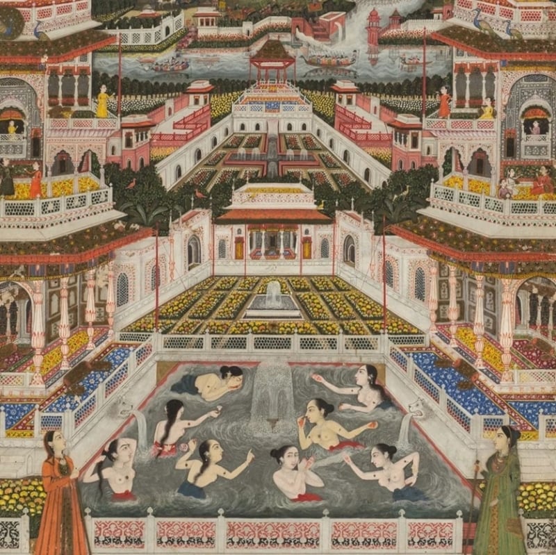 Women bathing before an architectural panorama, c.1765, Lucknow Artist Fayzullah