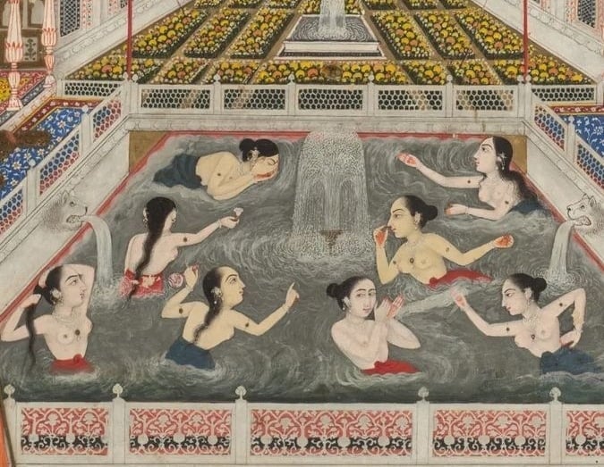Women bathing before an architectural panorama, c.1765, Lucknow Artist Fayzullah (detail)