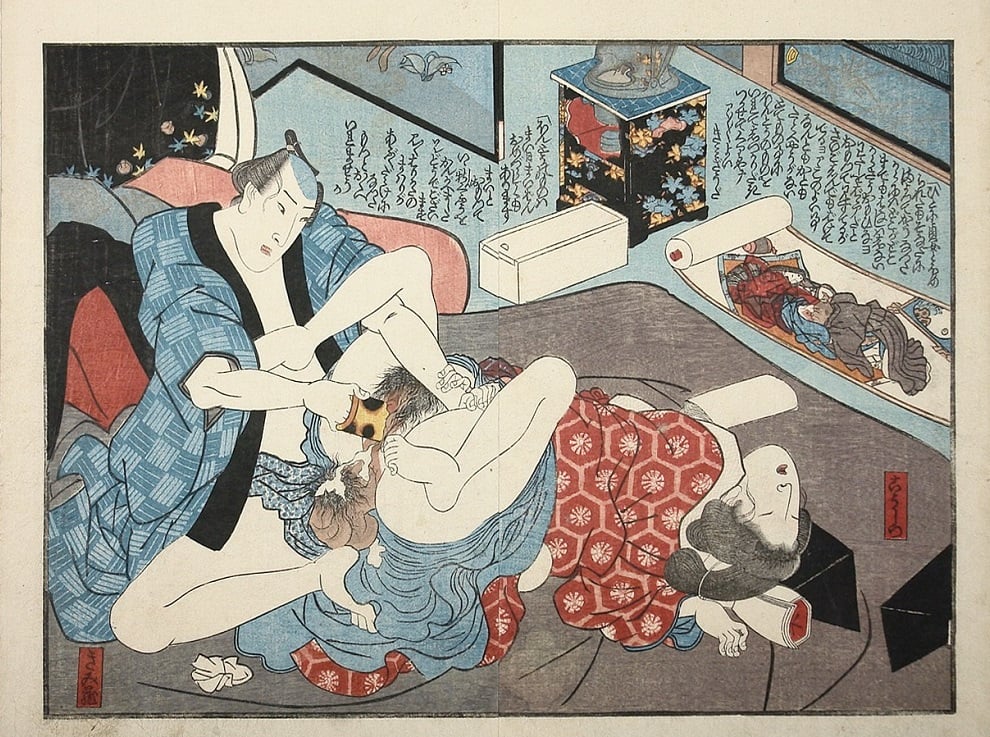 Shunga Prints Depicting Sensual Pleasure Using a Harigata