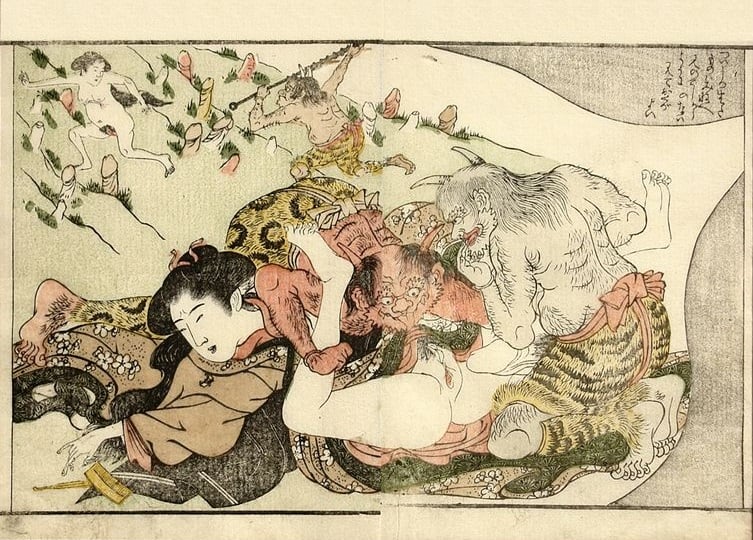 Striking Shikake-e By Katsukawa Shuncho Depicting Sleeping Maiden Making Love to Demons