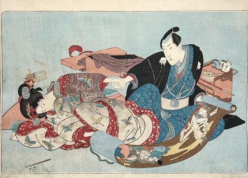 Collector&#8217;s Story Behind Kunisada Print of Couple Watching Erotic Scroll
