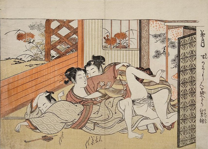 Koryusai Print Depicting a Tricky Encounter of an Adolescent Couple