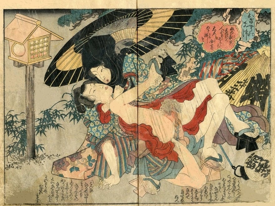 Shunga Depicting Sex Underneath an Umbrella