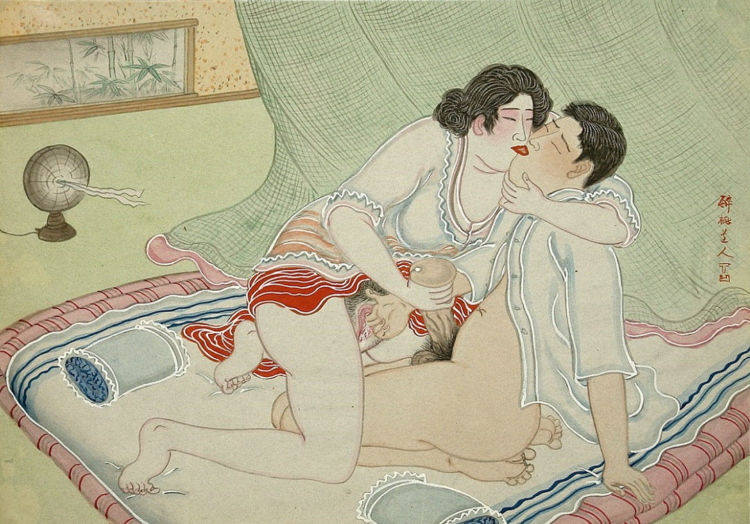 Exciting Taisho Era Shunga Painting of Intimate Couple