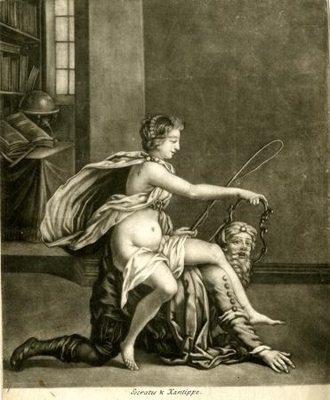 Xanthippe riding Socrates, mezzotint by John Smith