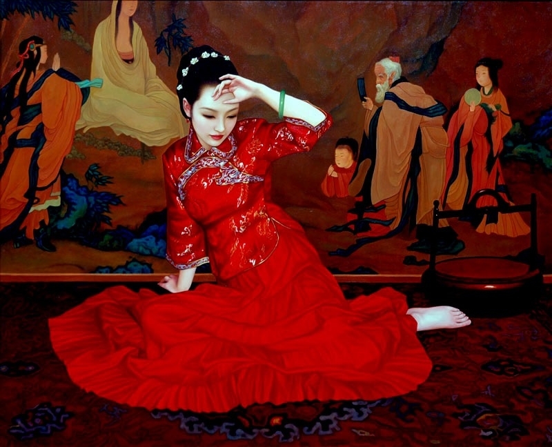 Xue Yanqun painting Chinese girl in front of huge painting