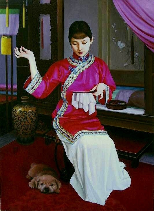 Xue Yanqun painting Chinese girl with dog