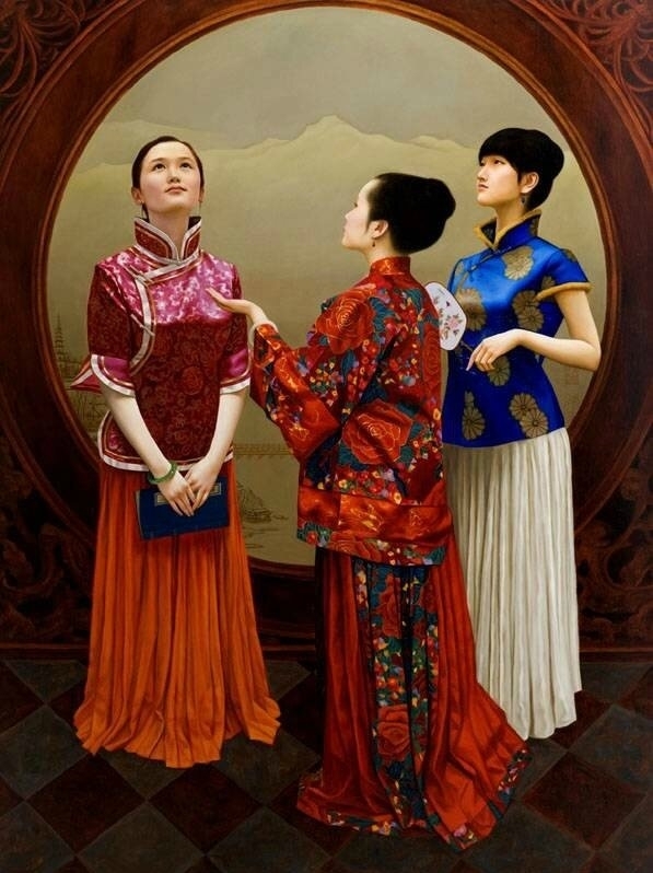 Xue Yanqun painting of three woman standing in front of an oval window