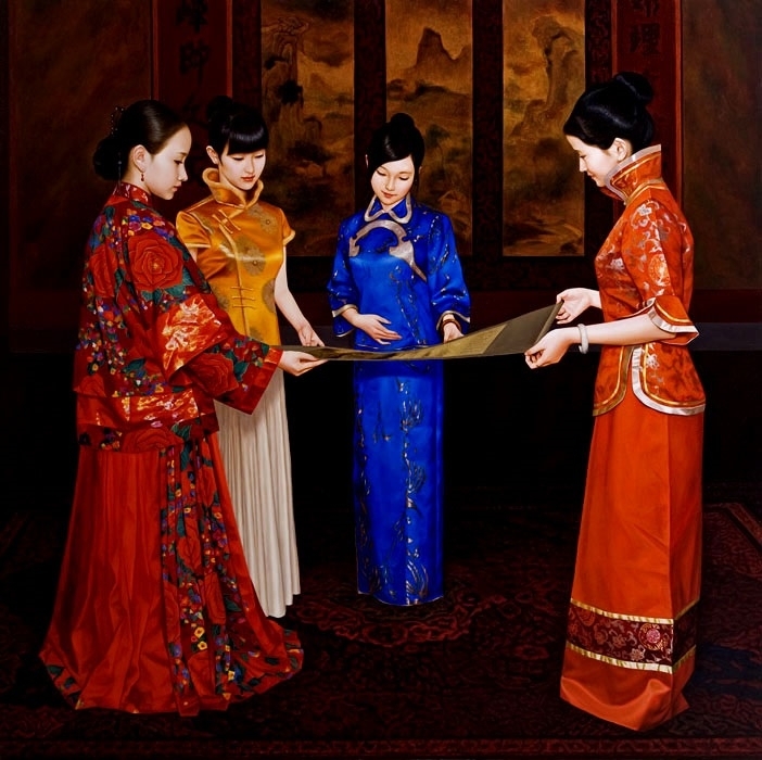 Xue Yanqun painting with 4 Chinese woen admiring a scroll