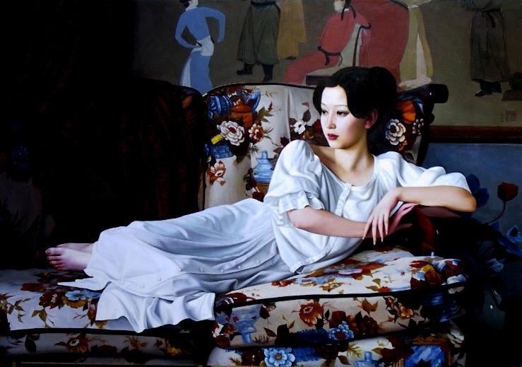 Xue Yanqun painting with reclining girl on a sofa