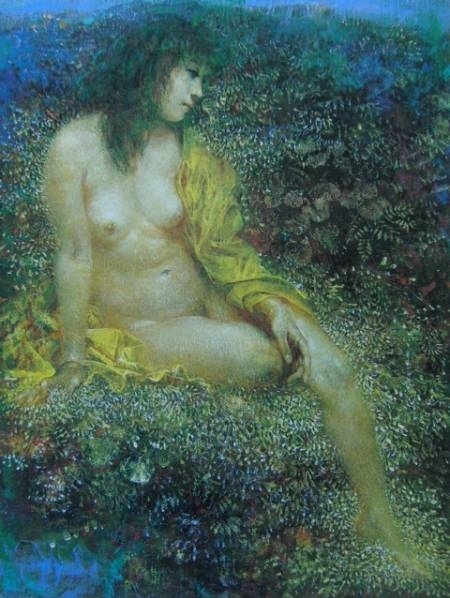 Yamamoto Fumihiko semi nude sitting between the flowers