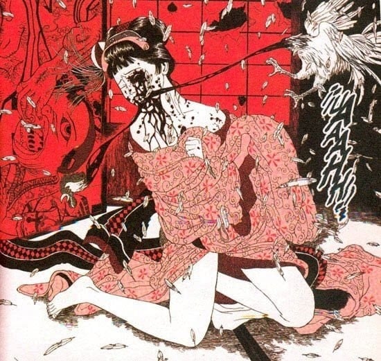 Suehiro Maruo: bloody scene with a chicken picking the face of a young girl