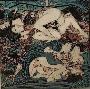 Rare scene with two young females and two males making love to each other' (c.1840) by Utagawa school