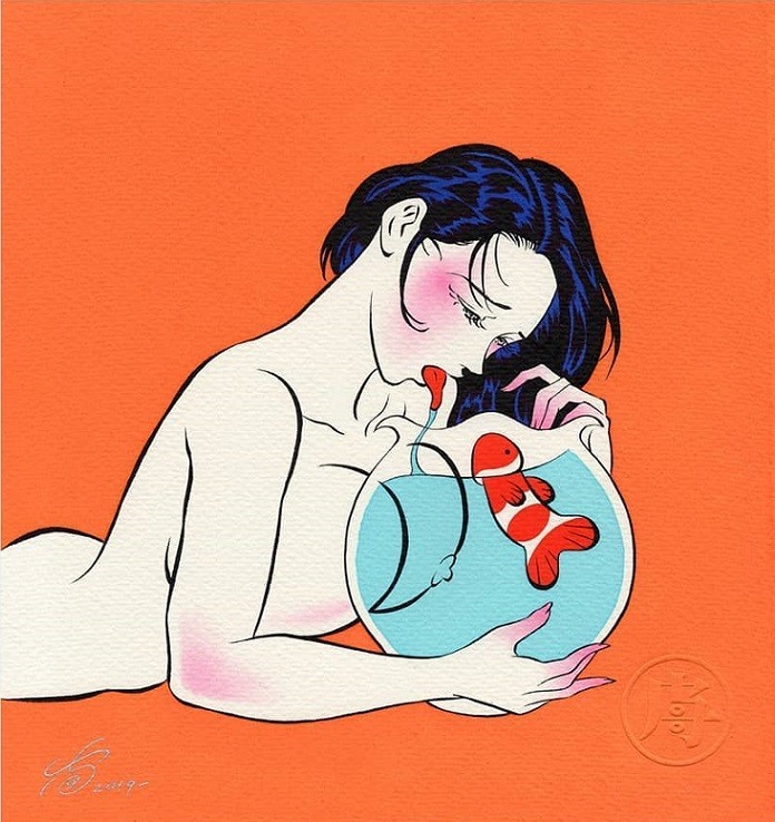 Pigo Lin: Nude girl with big bosom drooling into a fish bowl
