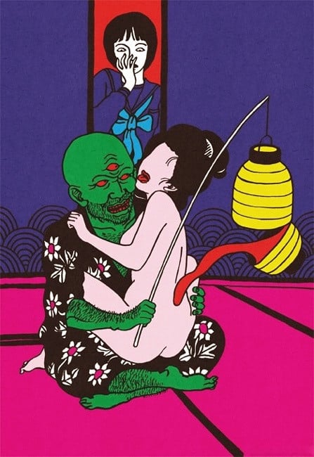 green three-eyed cyclops with nude faceless geisha licked by a magic lantern and watched by a surprised schoolgirl