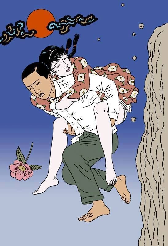 toshio saeki painting with boy and girl jumping from the cliff