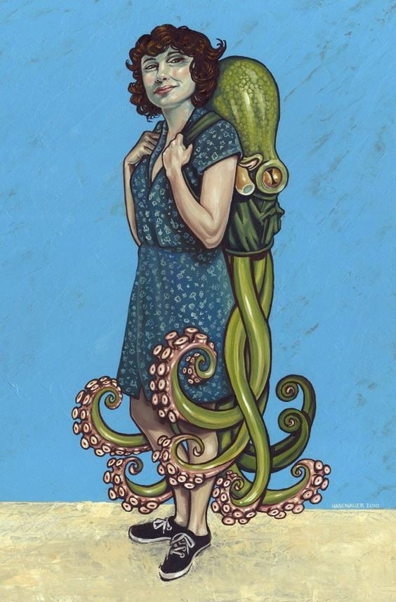 painting with female sporting an octopus back pack painting with female sporting an octopus back pack
