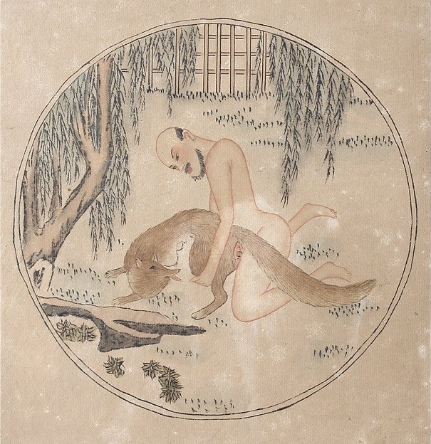 genitalia close up: 'Man making love to a fox spirit (kitsune)' by an unknown Chinese artist