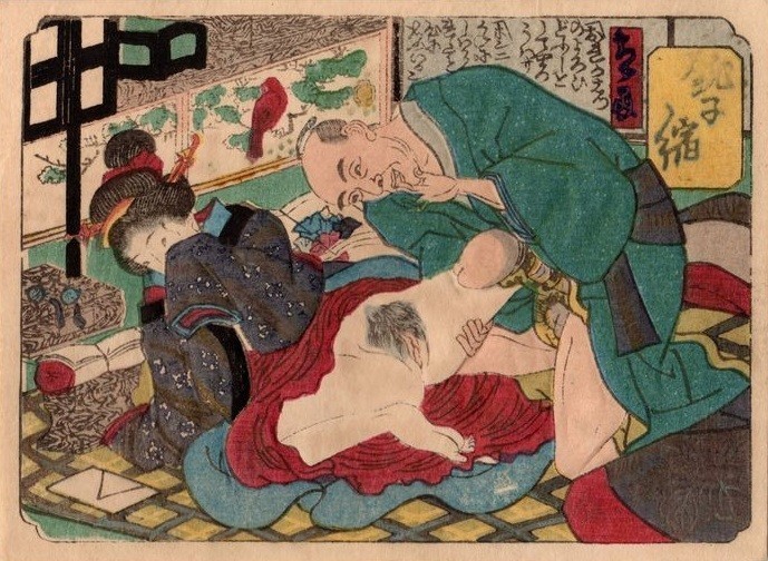 genitalia close up: an older male sporting a dokata around his penis getting ready to penetrate a young geisha‘