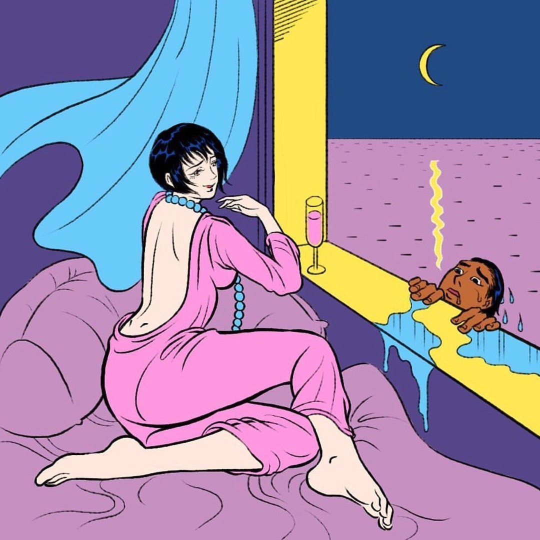 Pigo Lin: tipsy girl on a bed with a wet male hanging on the windowsill