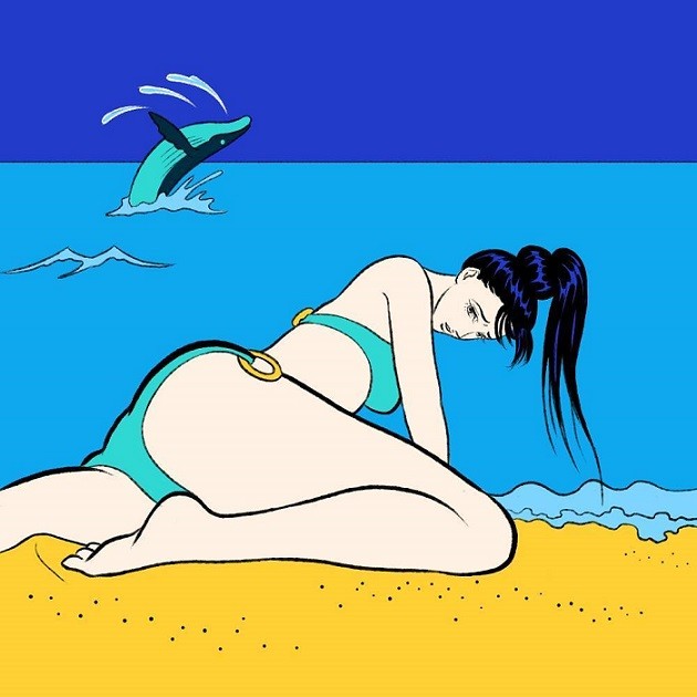 girl on the beach with a jumping whale in the background by Pigo Lin