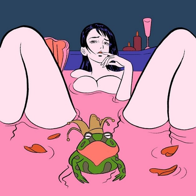 Girl sitting in a bath with a crowned toad by Pigo Lin