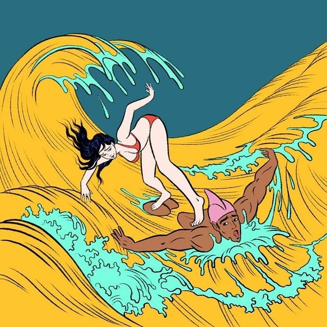 girl standing on a human surfboard riding a huge wave by Pigo Lin