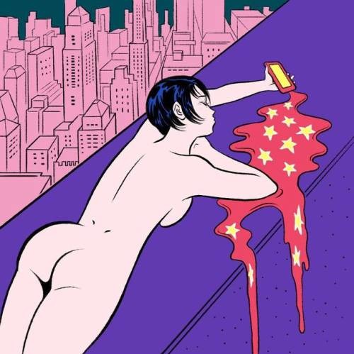 nude girl lying on the edge of a skyscraper holding a leaking iPhone by Pigo Lin