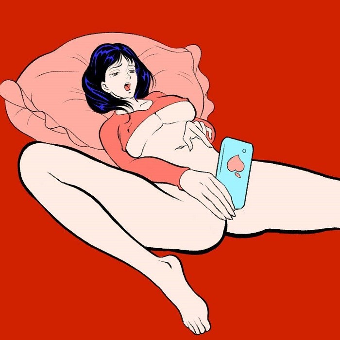 Pigo Lin: Aroused young female leaning on a pink pillow holding an iPhone to her private parts 