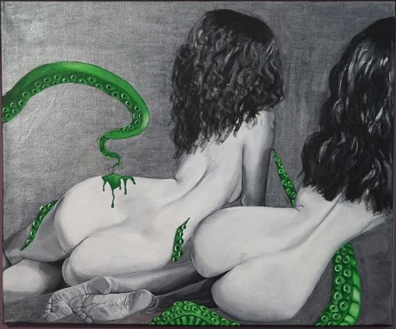 Tentacle porn: Nude females with green tentacles by Anastasually