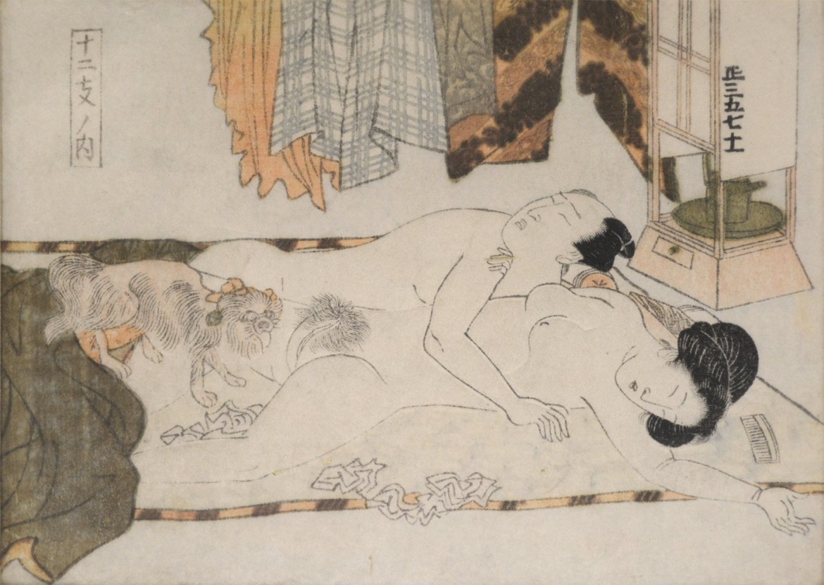 Shunga with sleeping couple and horny dog by Keisai Eisen