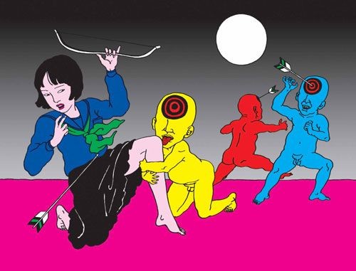 Toshio Saeki: girl holding a crossbow shooting at colored male figures with target boards on their foreheads