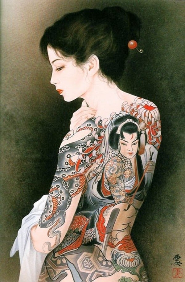 nude beauty with a back tattoo of a female warrior by Ozuma Kaname