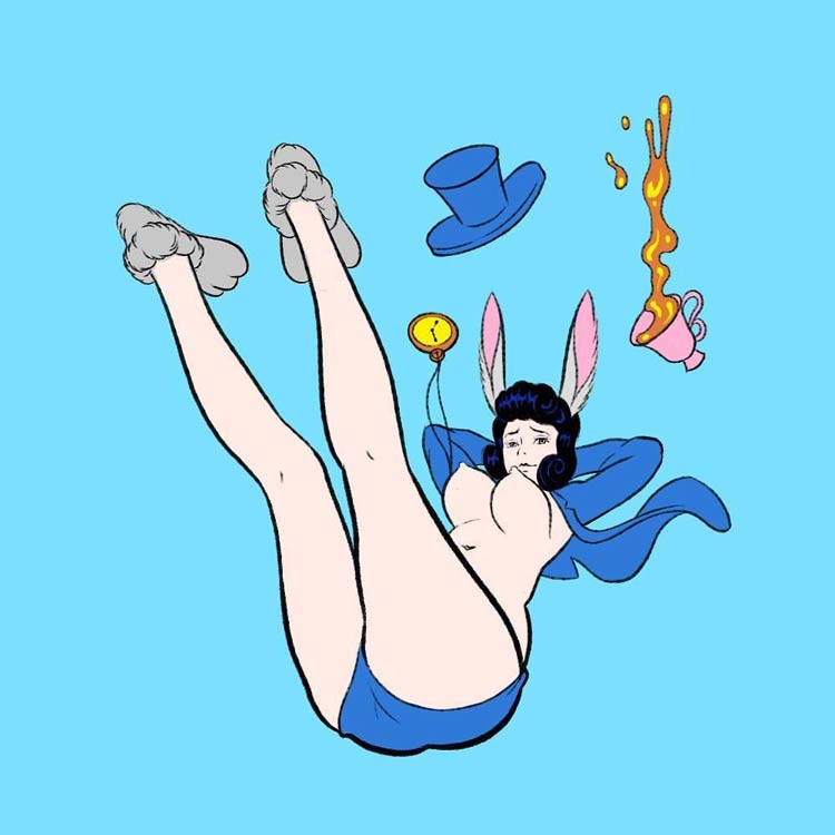 Pigo Lin: falling bunny girl wearing slippers, a watch, a falling cup and hat 