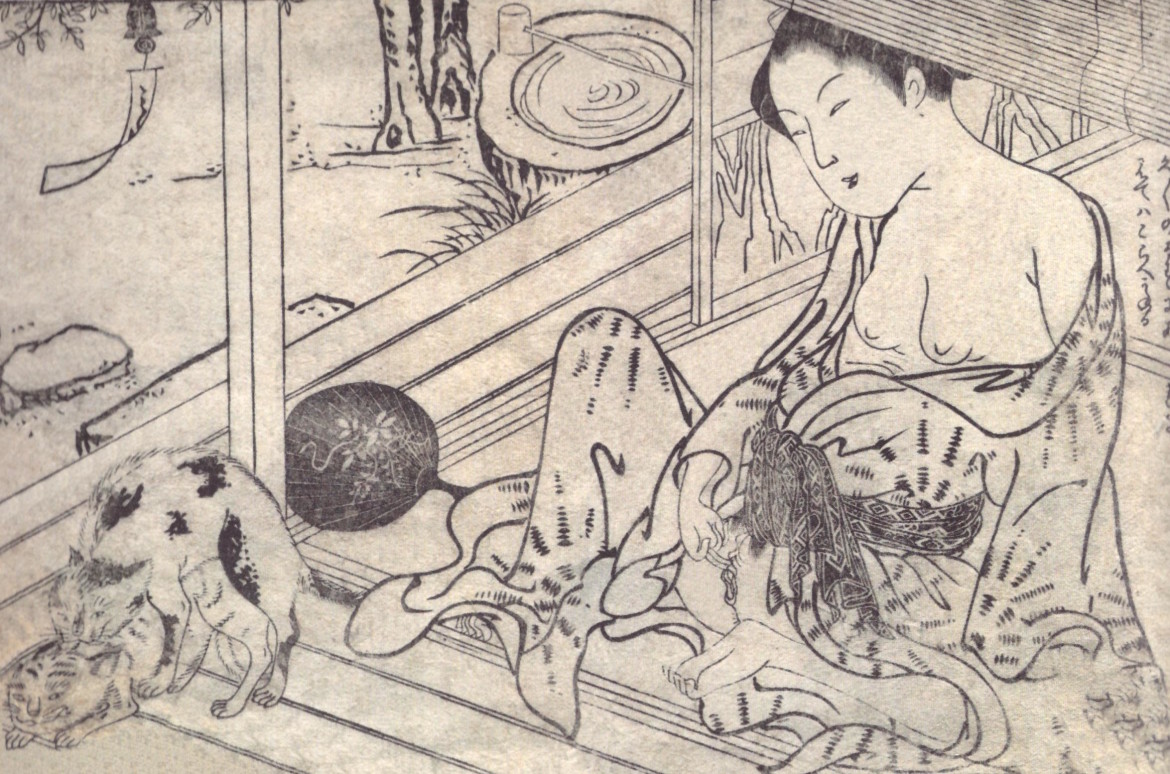 'Aroused female watching two copulating cats. In the background stands a stone water basin with a wooden scoop lying on top of it' (c.1765) from the series ‘Ehon haru no yume’ by Kikukawa Hidenobu