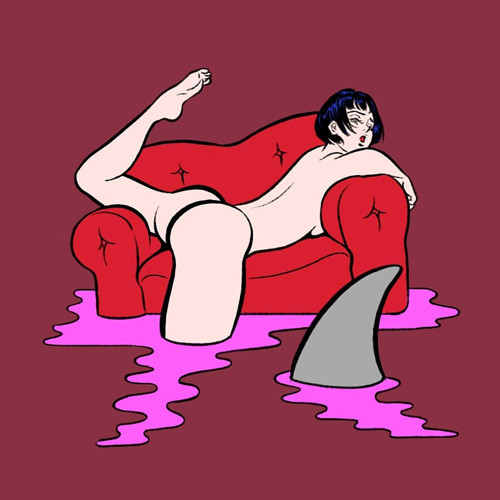 Pigo Lin: Nude girl lying on red sofa in the water with shark fin