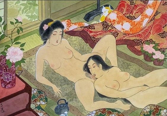 lesbian shunga: Painting of a ‘Lesbian couple with cat‘ (consignment piece 2018) by Senju Shunga