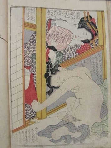 Yashima Gakutei: An adorable shunga scene with an ejaculating young boy.